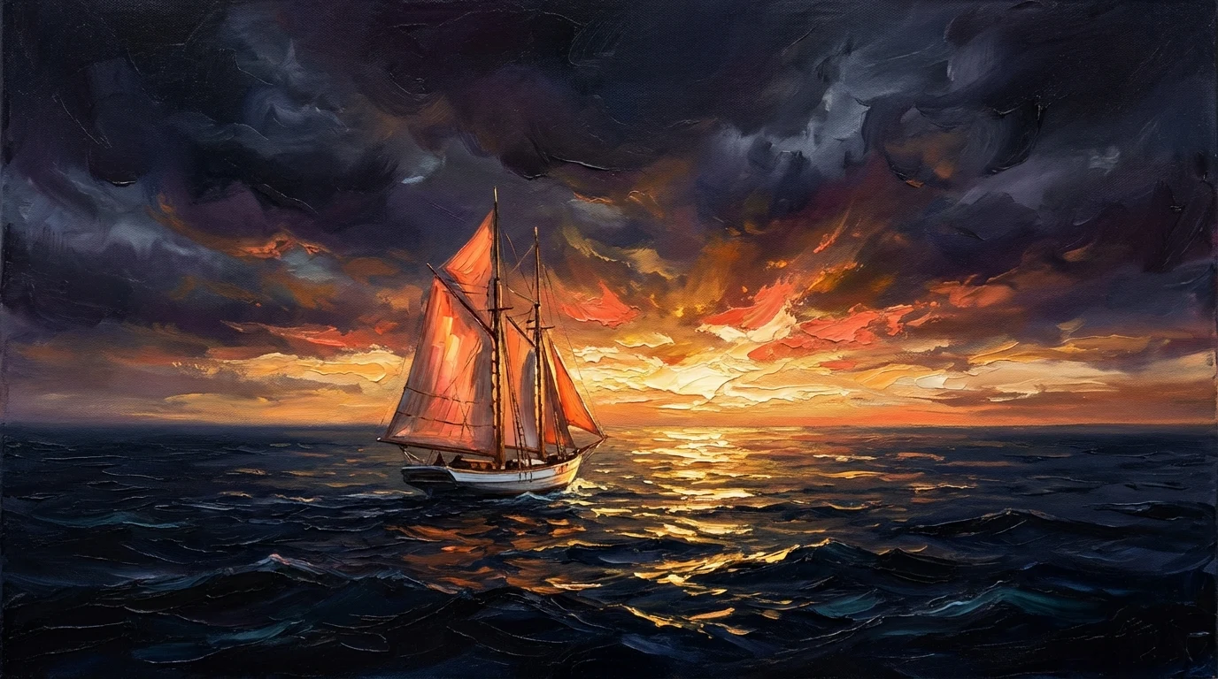 Oil painting: a sailboat sails forward into a calm dawn